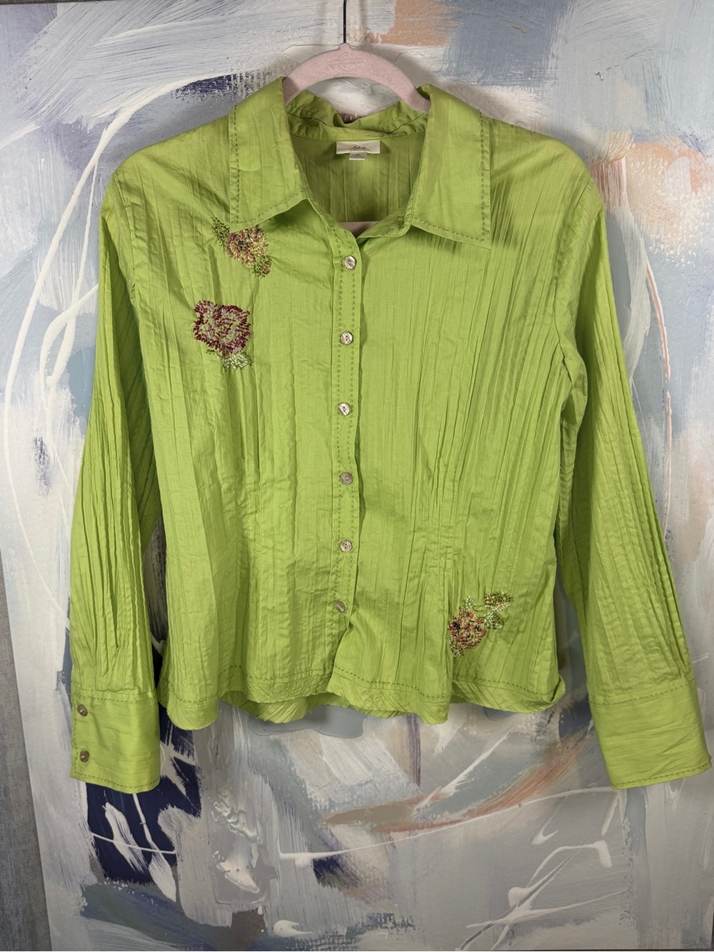 Vintage 2005 J. Jill Embroidered Button Front Blouse Pale Lime Green Petite M